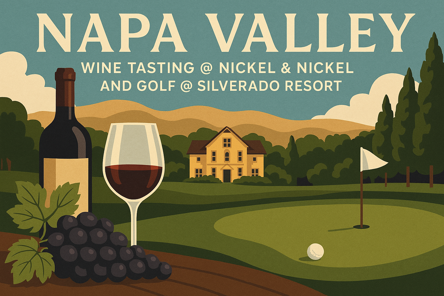 Silverado green beneath “Napa Golf & Wine Weekend” title