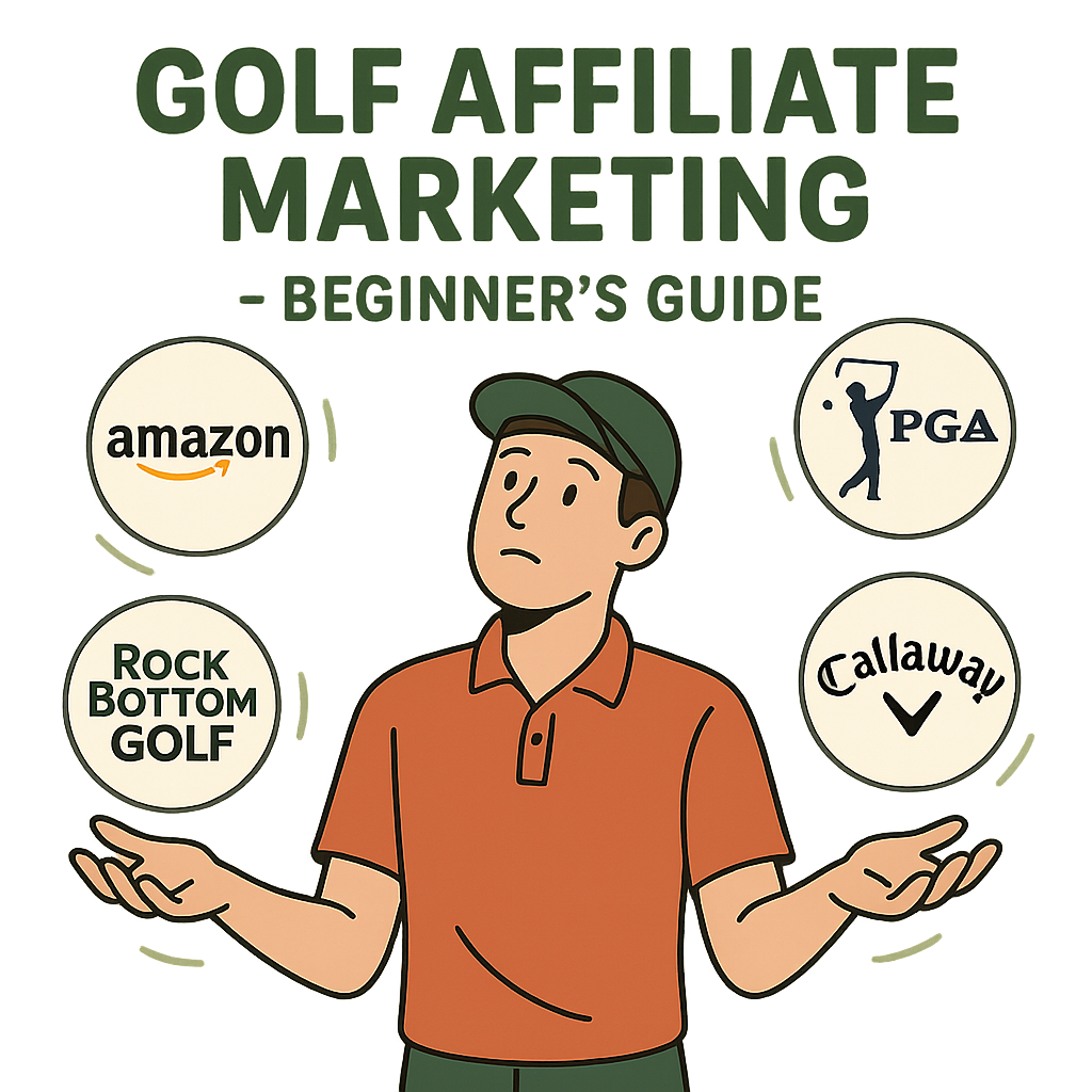 Person juggling Amazon, PGA TOUR Superstore, RockBottomGolf, TaylorMade, and Callaway logos—visual metaphor for golf affiliate marketing beginners learning to balance multiple programs