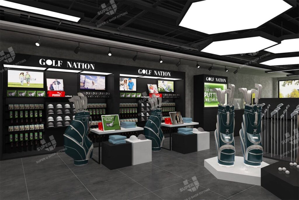 Pro-shop style display of golf clubs and merch—visual cue for joining golf affiliate programs