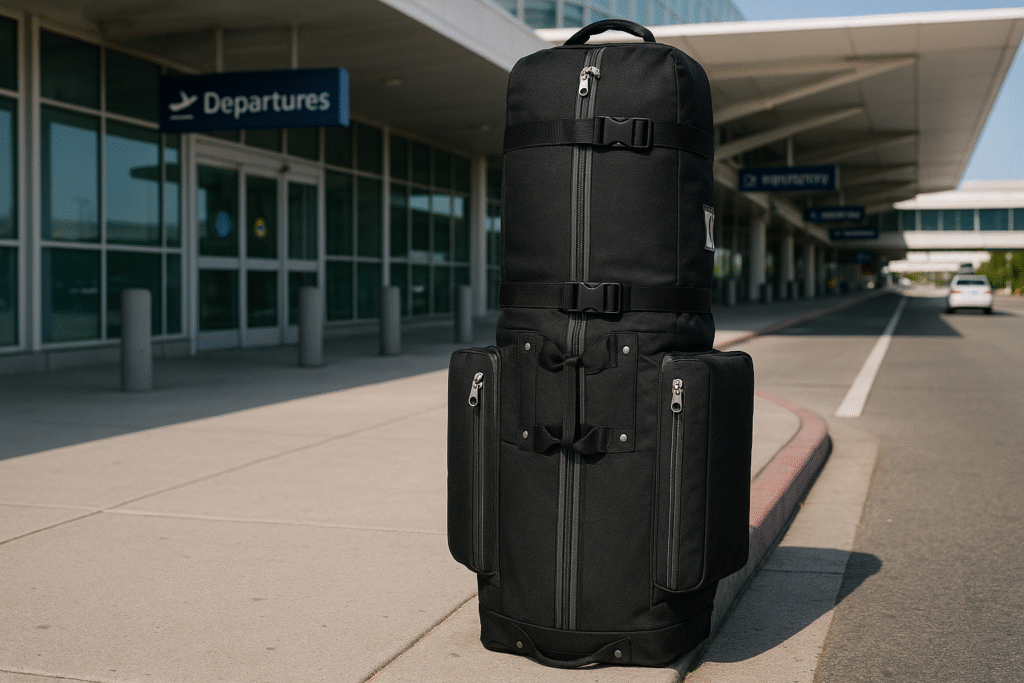 Padded Caddy Daddy travel golf bag standing upright on an airport curb