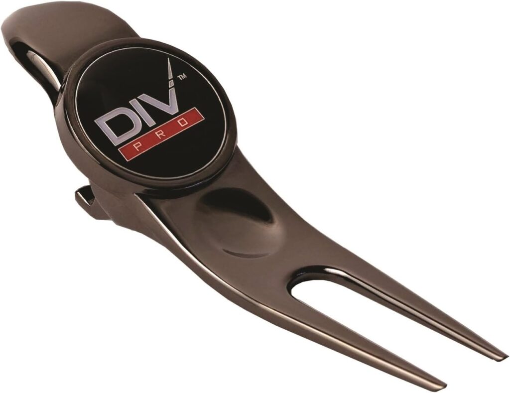 Six-in-one divot tool ready to start propping a wedge off wet grass beside a beer can