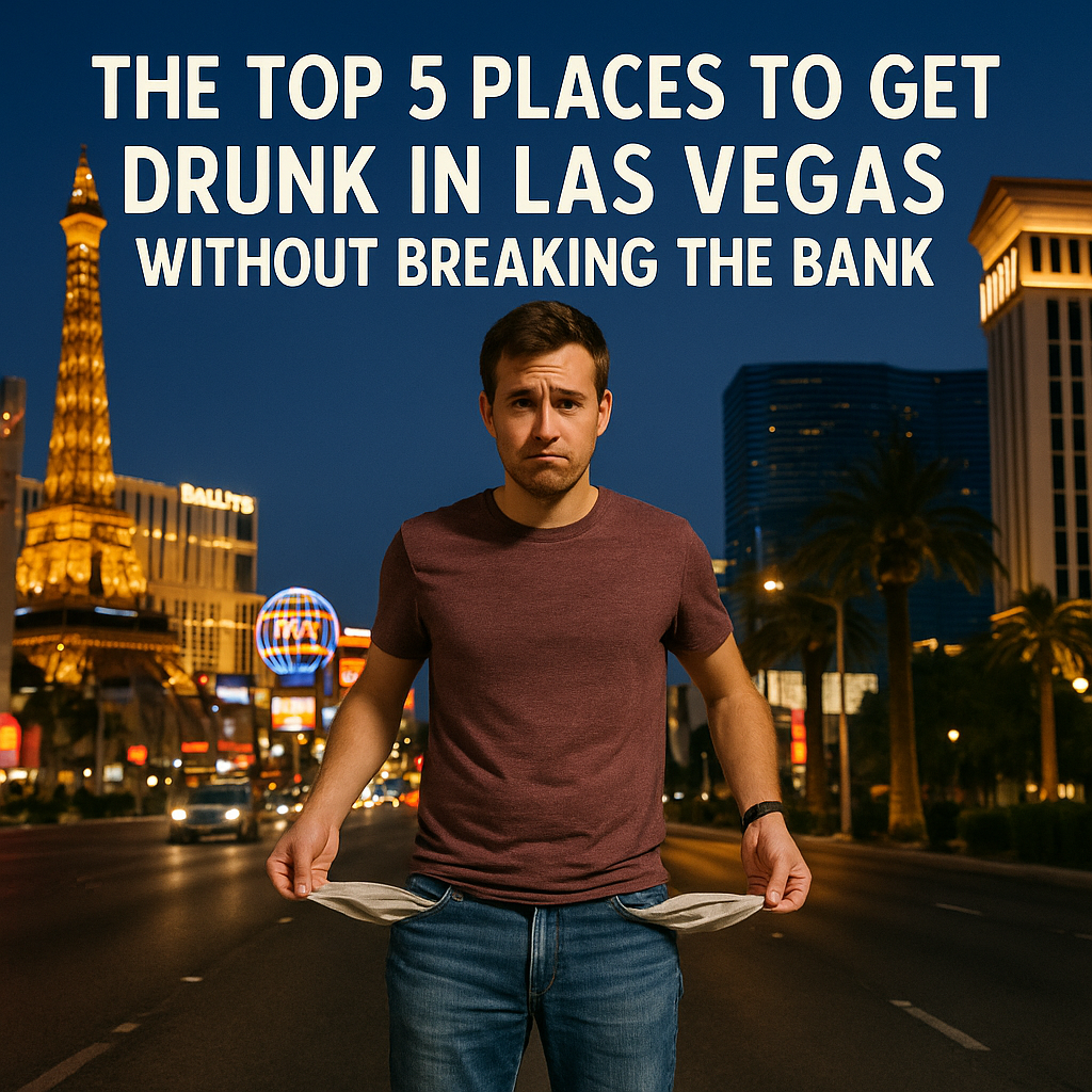 Man with empty pockets standing on the Las Vegas Strip at night, title text reads “The Top 5 Places to Get Drunk in Las Vegas Without Breaking the Bank”.