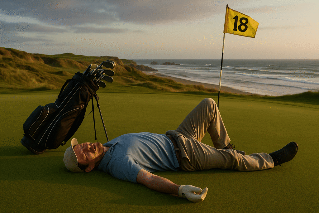 Golfer collapsed beside carry bag on the 18th green at Bandon Dunes after walking 36 holes