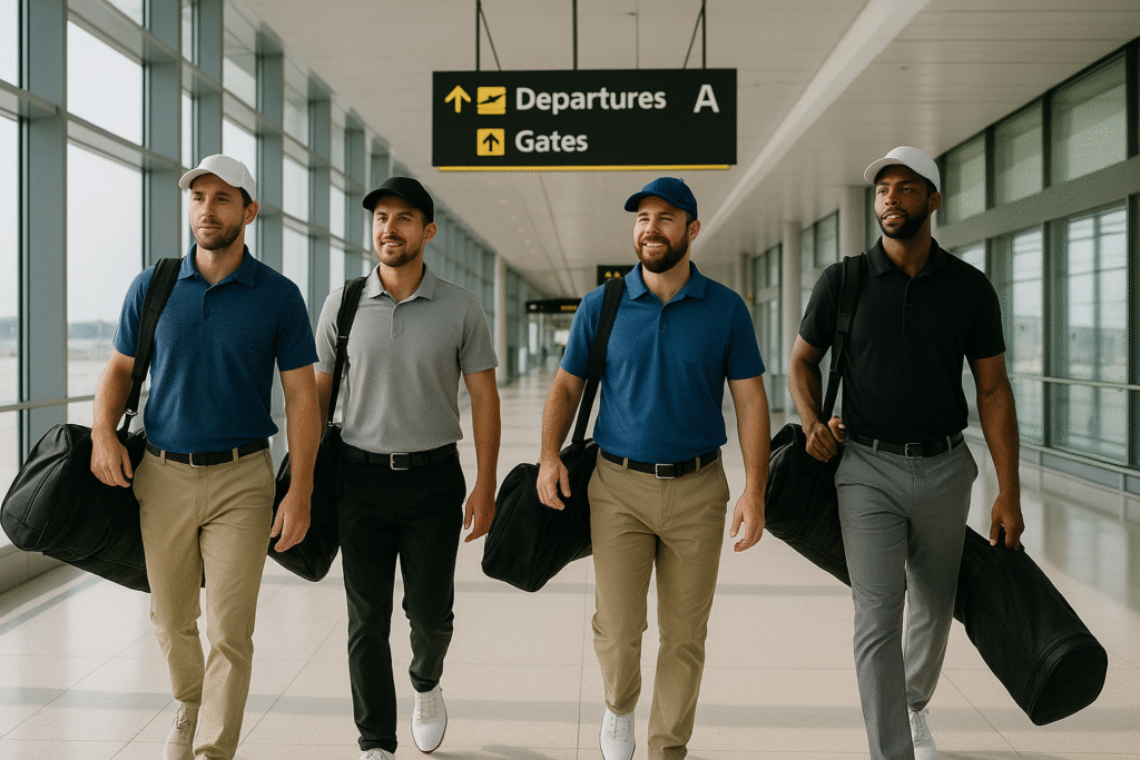Four golfers walk their travel bags through an airport concourse