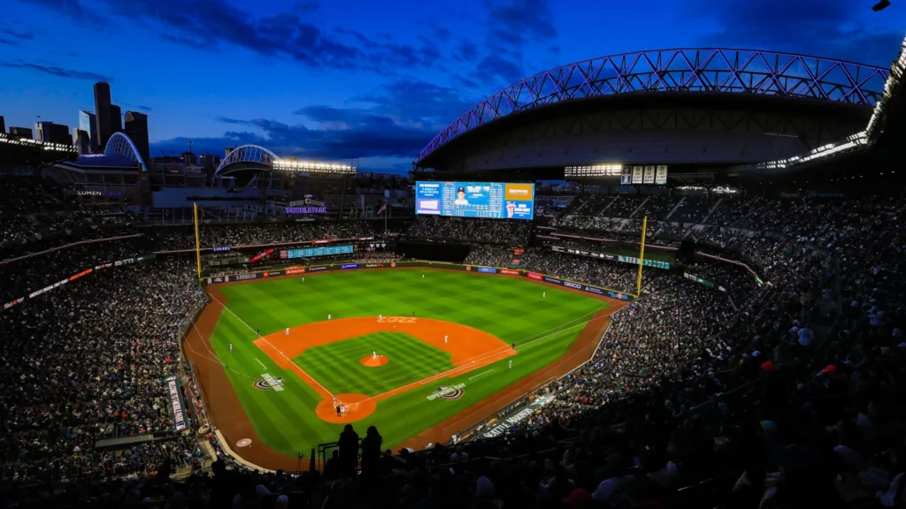 Night game panorama of T-Mobile Park during Seattle Mariners matchup