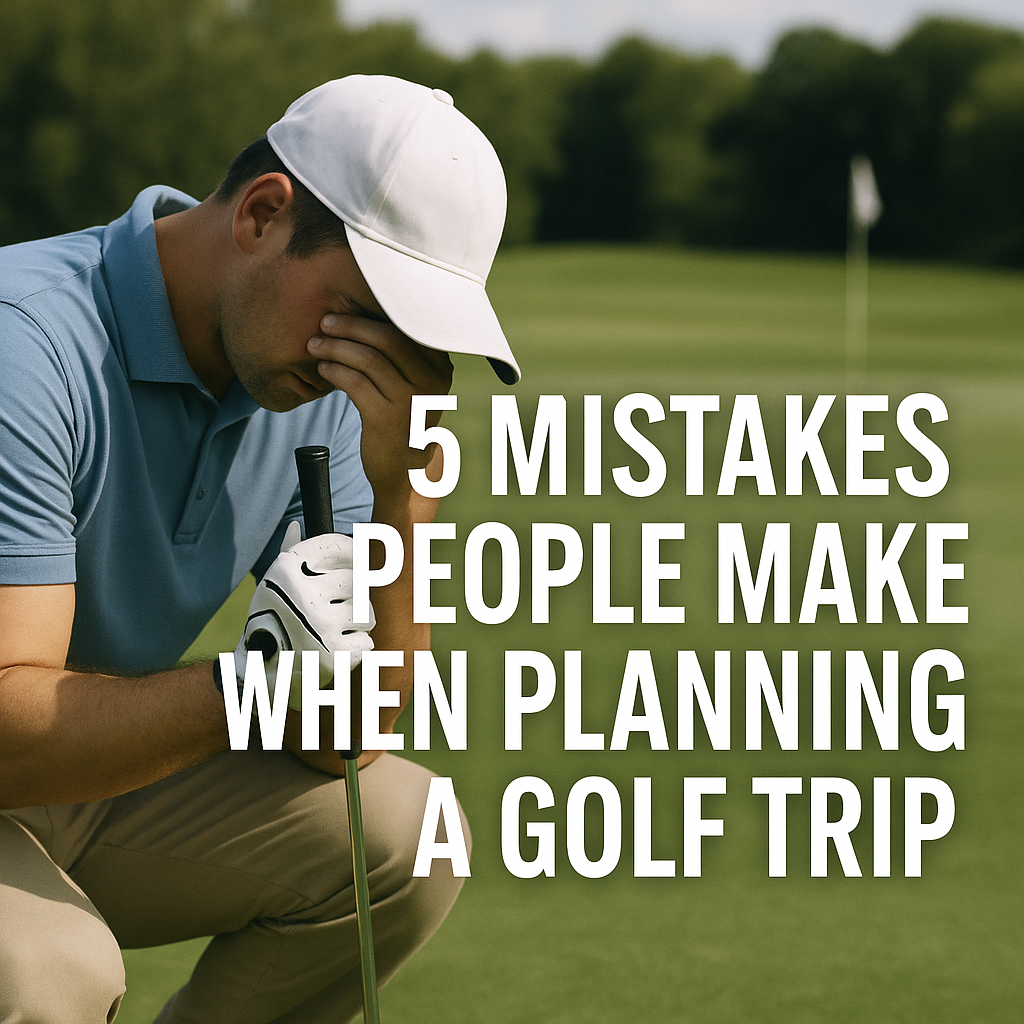 Golfer holding his head in frustration after a poor shot, with the article title “5 Mistakes People Make When Planning a Golf Trip” overlaid on the image