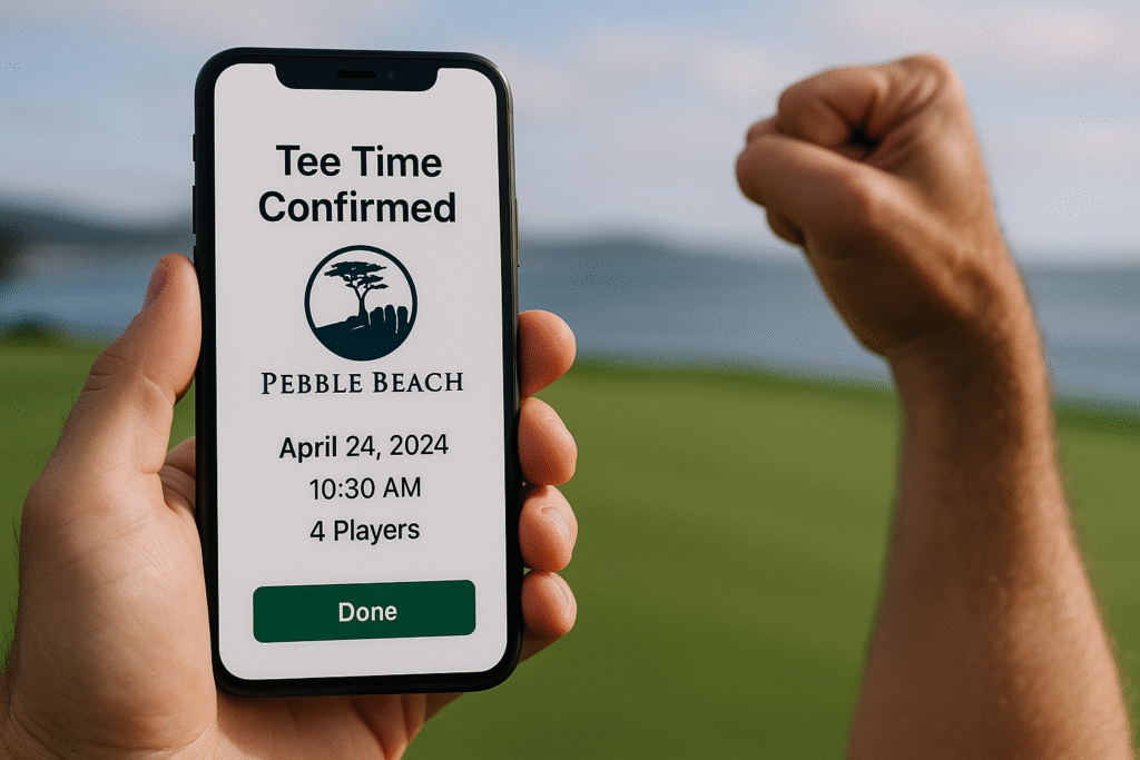 Smartphone screen showing confirmed Pebble Beach tee-time email, fist pump in background