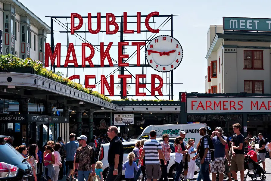 Iconic Public Market Center neon sign at Pike Place Market