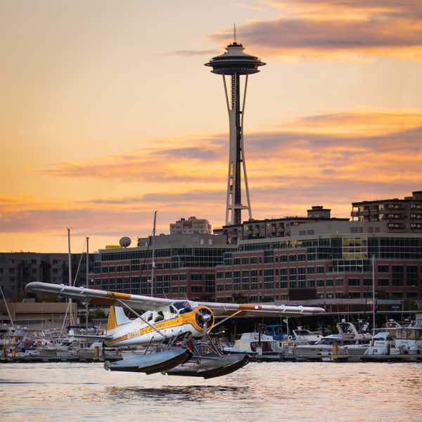 Kenmore Air seaplane floating on Lake Union before scenic tour