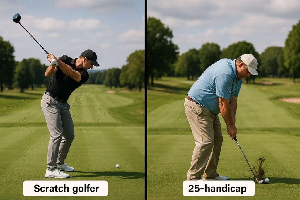 plit image of scratch golfer bombing a drive and high-handicapper chunking one off the tee