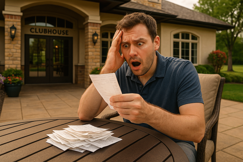 Tall stack of bar receipts on a wooden table inside a golf clubhouse