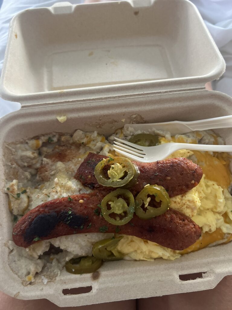 Biscuit Bitch's famous sandwich in a to-go box.