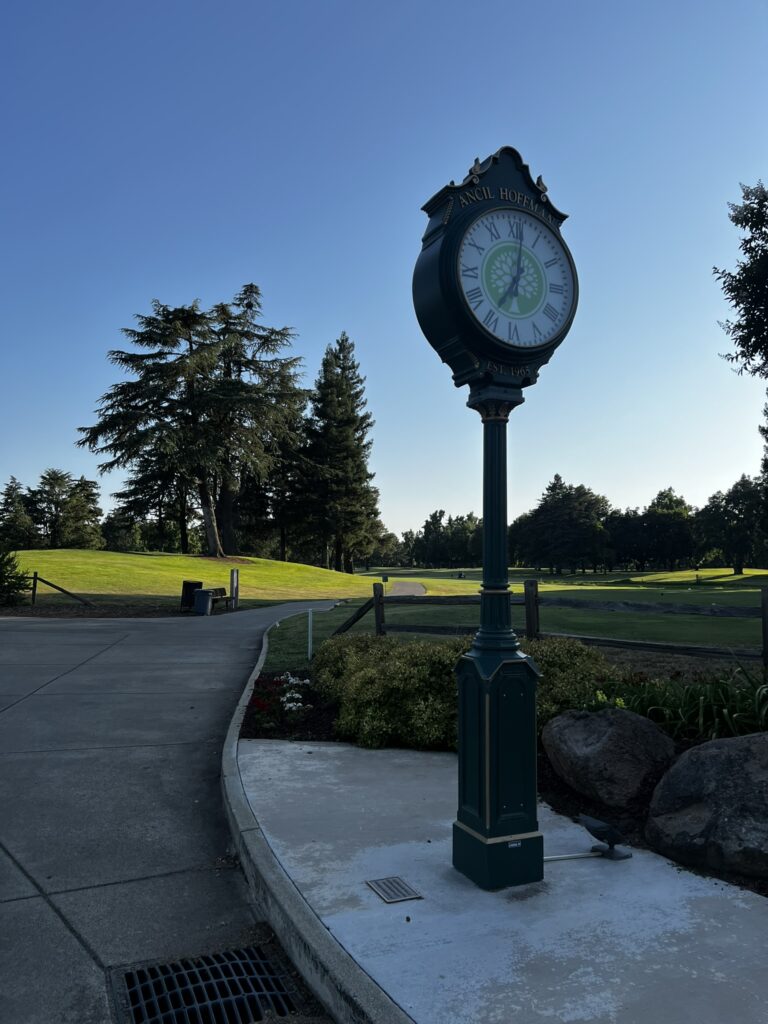 Iconic Rolex-style golf clock at Ancil Hoffman Golf Course in Carmichael, California