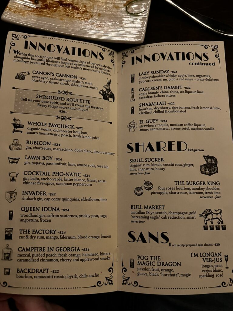 Open menu at Canon showing off the entire menu of drinks