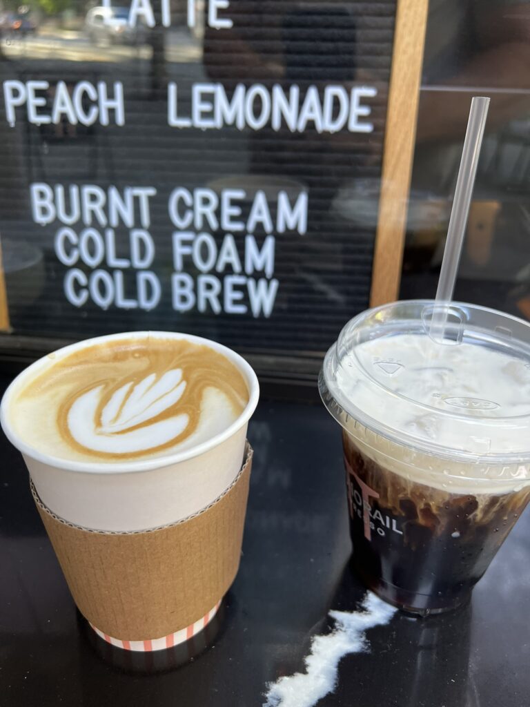 Monorail Coffee order of vanilla latte and a burnt cream cold foam cold brew.
