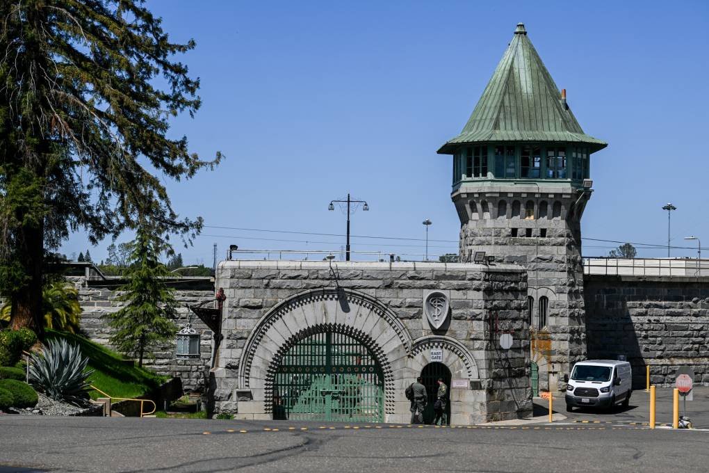 Granite East Gate and guard tower at Folsom State Prison, viewed from the public entrance.